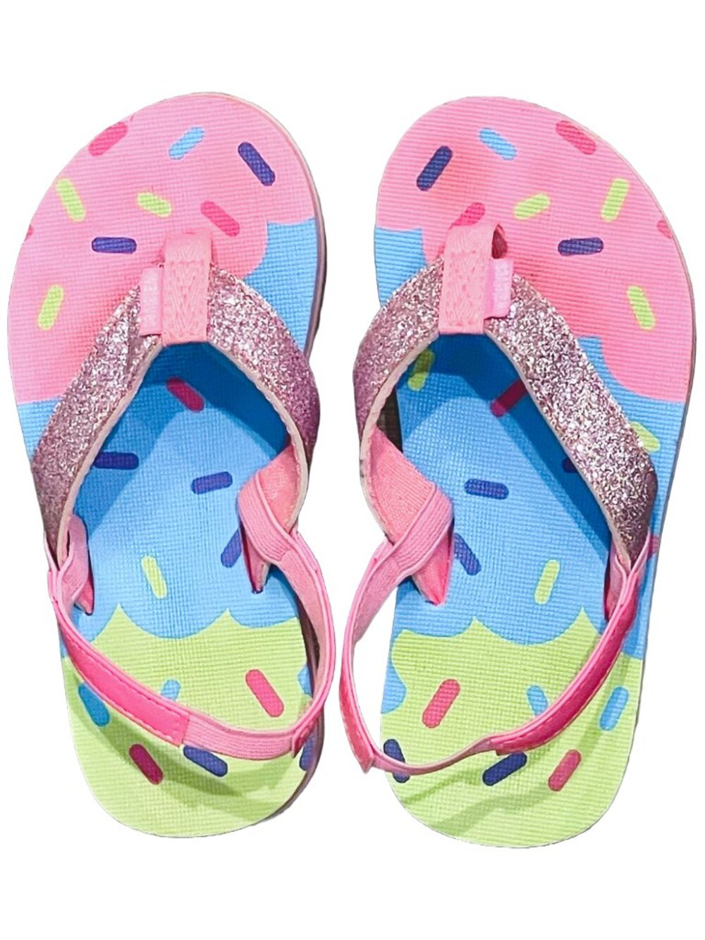 Girls Flip Flops Elastic Back Ice Cream Glitter Pink Size 1-2